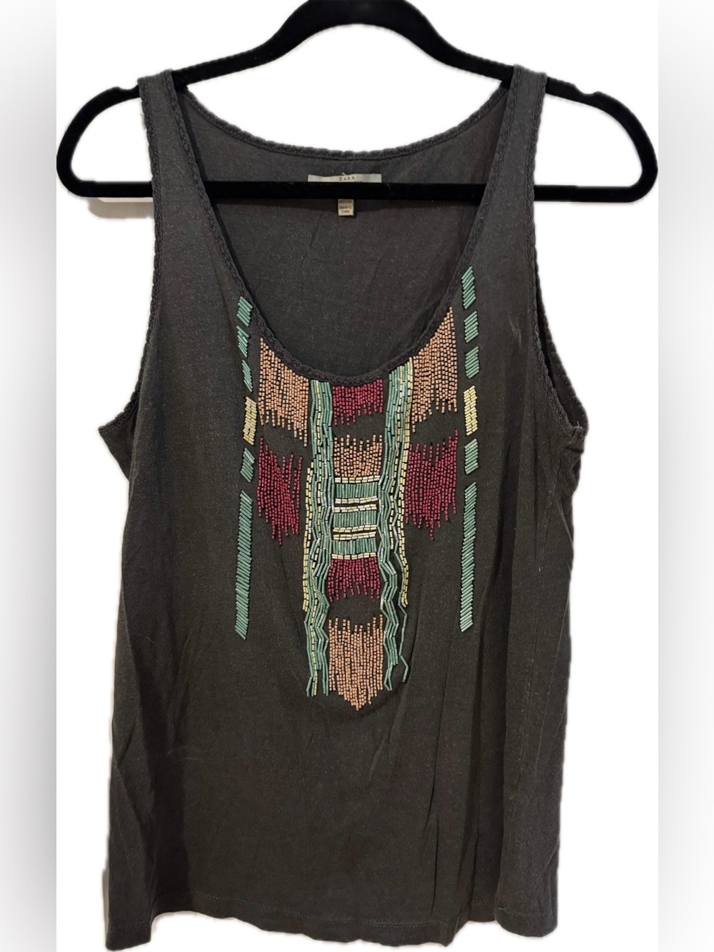 Zara Grey Tank Top with Multicolor Bead Embellishment - Picture 1 of 4